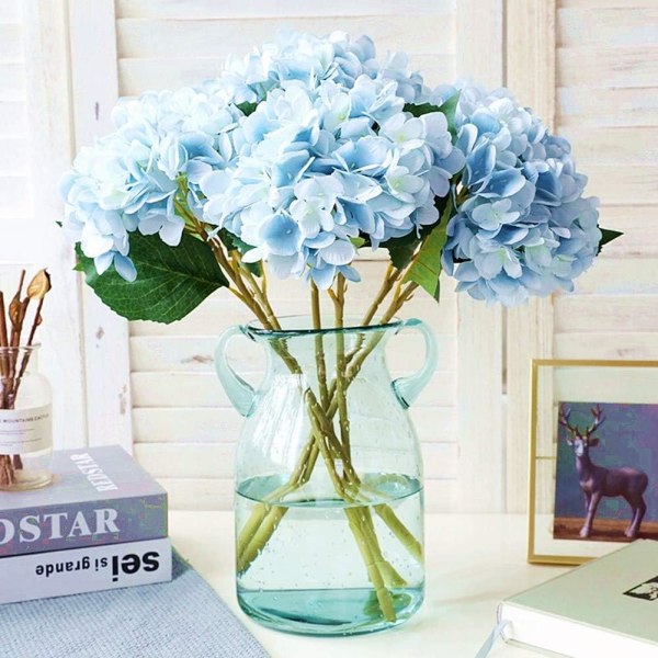 3 stk. Kunstige Hortensia Blomster Silkebuket til Bryllup Brude Kontor Hjem Fest Dekoration Blå