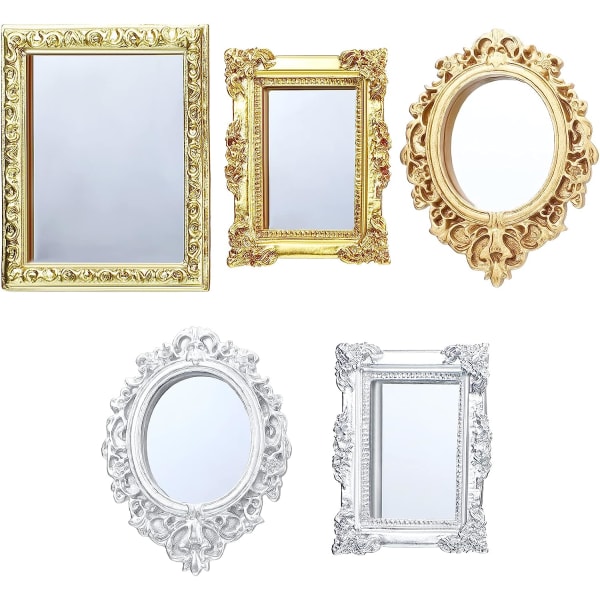 5 Pack Miniature Dollhouse Mirror European Frame Mirror Dollhouse Mirror Miniature Bedroom Mini Furniture Accessories for 1/12 Gold and Silver