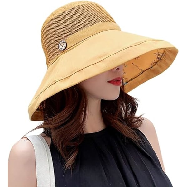 Kvinnors Mesh Solhattar Sommar Strand UV-skydd UPF Packable Bred Brätte Hakrem yellow