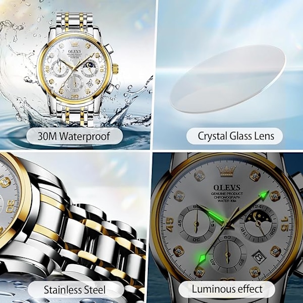 OLEVS Herrklocka Chronograf, Vattentät Multifunktionell Urtavla med Datum Diamantklockor för Män White Dial/Gold Silver Band