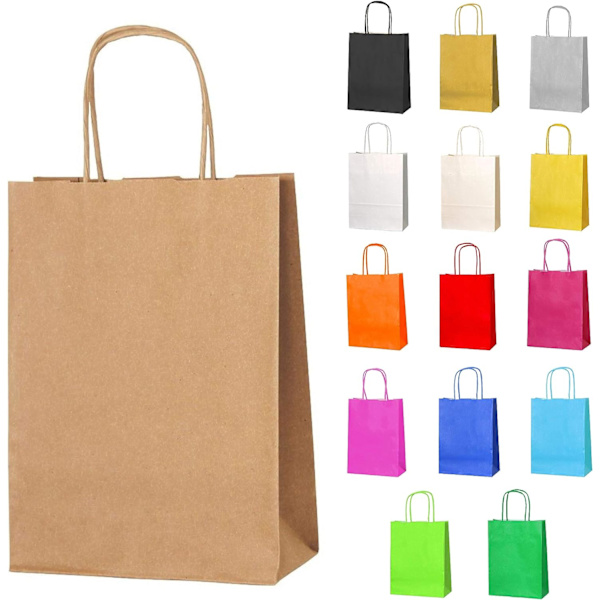 Små papperspåsar för fest, present- och godispåsar med snodda handtag - Brun - 150x210x80mm