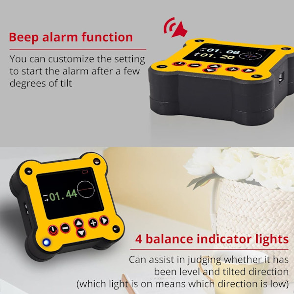 Dobbelakset digitalt inklinometer, vinkelmåler ±60°, LCD-skjerm med USB-lading