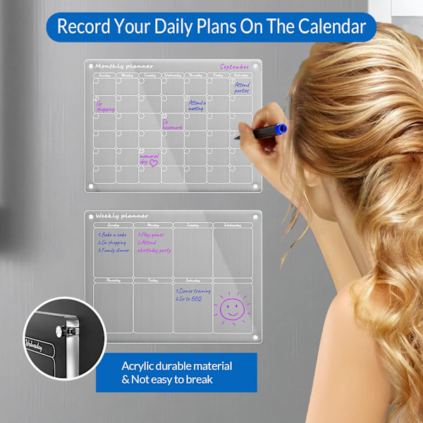 Akryl Magnetisk Månads- och Veckokalender för Kylskåp, Klar Set med 2 Whiteboard Kalender Återanvändbar Planerare (16x12\" Tum)