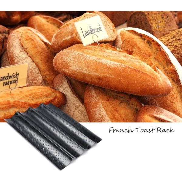Baguettebakplåt, perforerade franska baguettformar för 4 baguetter black