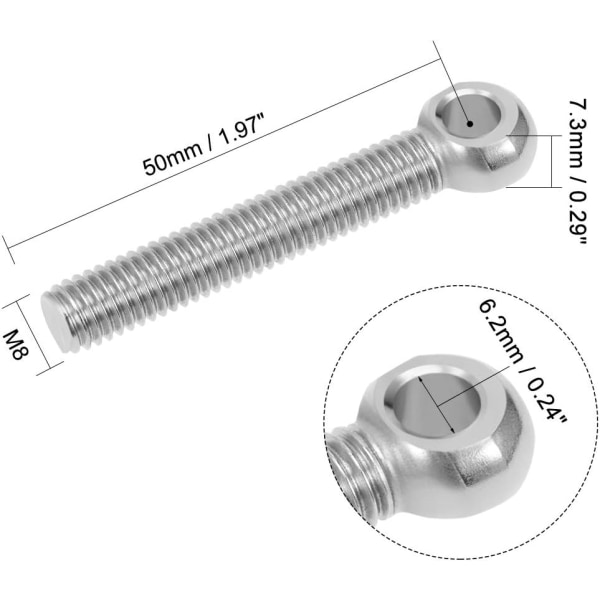 2 stk. Øjebolt løftering M8 x 50mm rustfrit stål 304 gevind