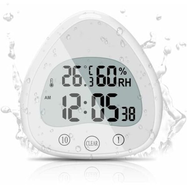 Badrumsklocka, digital LCD-väckarklocka med vattentät duschklocka, Timers Termometer Bärbar med sugkopp för matlagning, inlärning