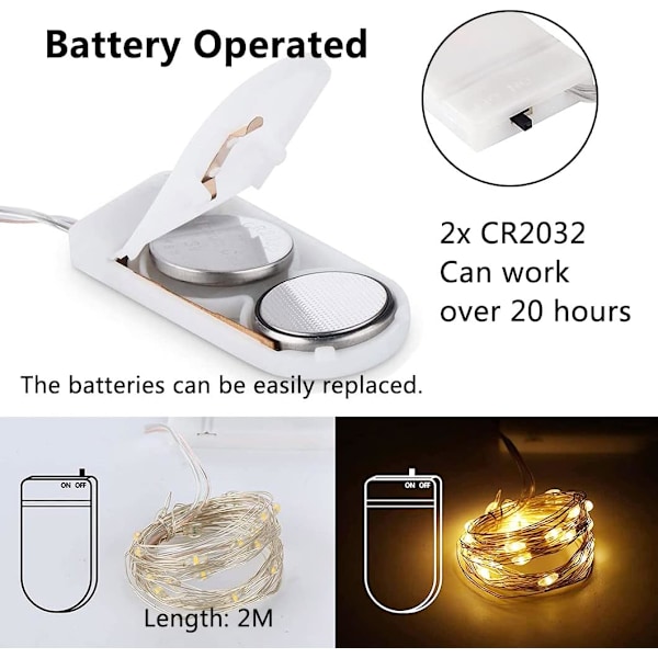 12-pack ljusslingor, 20 LED-lampor koppartrådslampor batteridrivna, 2 m mikroljus för DIY-festdekor camping, varmvit