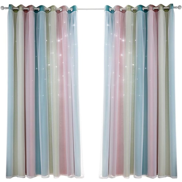 1 Panel  Stars Blackout Curtain,Rainbow Double Layer Star Grommet Window Curtains