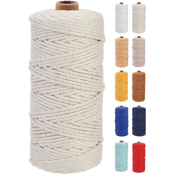 Makrame-snøre 3 mm x 100 m Premium bomullsmakrame-tau, 4-tråds tvinnet myk bomullssnor, et av de mest perfekte materialene (Beige)