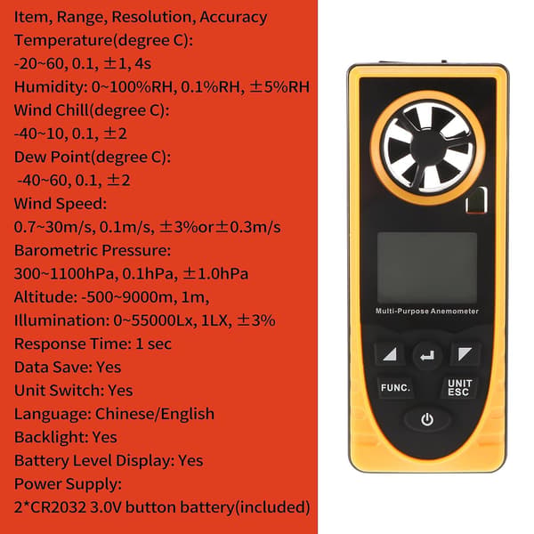 Anemometer, 8 i 1 Handhållen Digital Anemometer med LCD-display, Mätning av Vindhastighet, Luftfuktighet, Höjd och 8 Andra Mätfunktioner