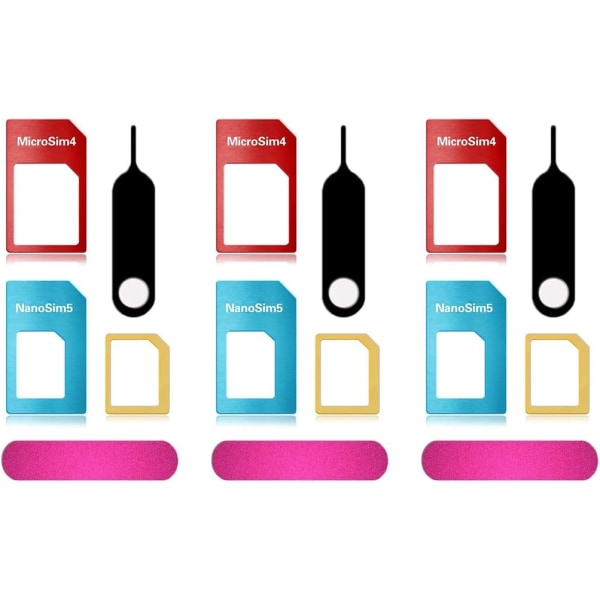 3 Set SIM-kort Adapter 5 i 1 Nano Micro Standard SIM-kort Konverter Kit med SIM-kort Holder og Pin