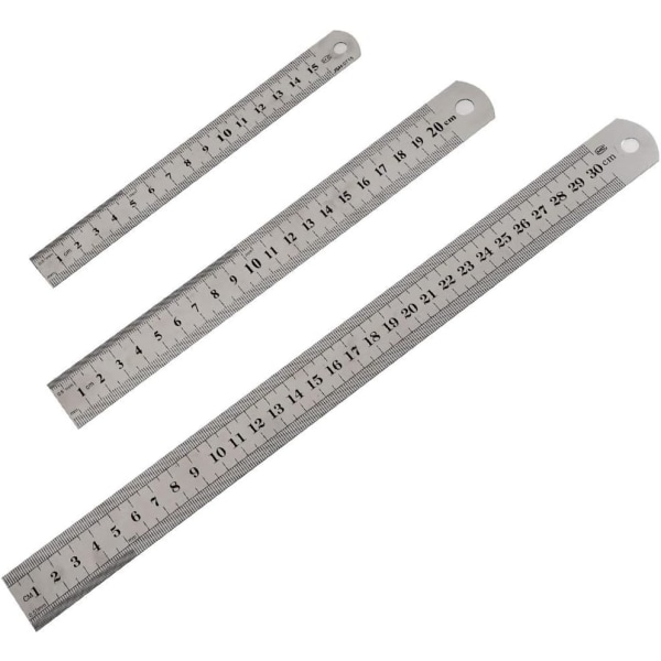 3 st linjaler i rostfritt stål Dubbelsidig metrisk och imperial precisionslinjal metalllinjal, 15cm (5,9”)/20cm(7,87”)/30cm(11,8”) linjal