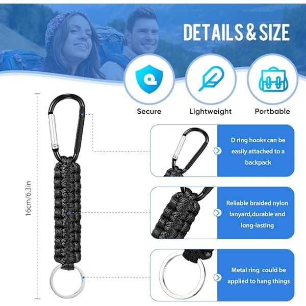Flettet paracord nøkkelring med låseklips, D-ring, hengende kroker sett