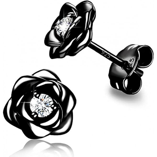 Små Øreringe S925 Sølv Blomsterøreringe til Kvinder Piger, Cubic Zirconia Øreringe Bruskøreringe, Smykkegaver Black