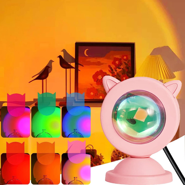 Solnedgångslampa, 10W solnedgångsljusprojektion, 6 färger för heminredning i sovrummet, söt rosa USB LED