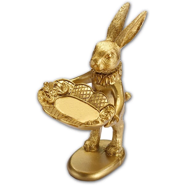 Liten kaninstaty dekor smyckesbricka, söt & retro gyllene prydnad (stående kanin)