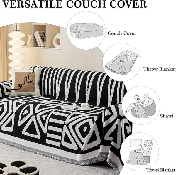 Boho sofatrekk for 4-seter, helårsbeskyttende sofatrekk for hunder, sofatrekk for toseter futon med dusk, Boho svart, 180*260cm 180*380cm Boho Black