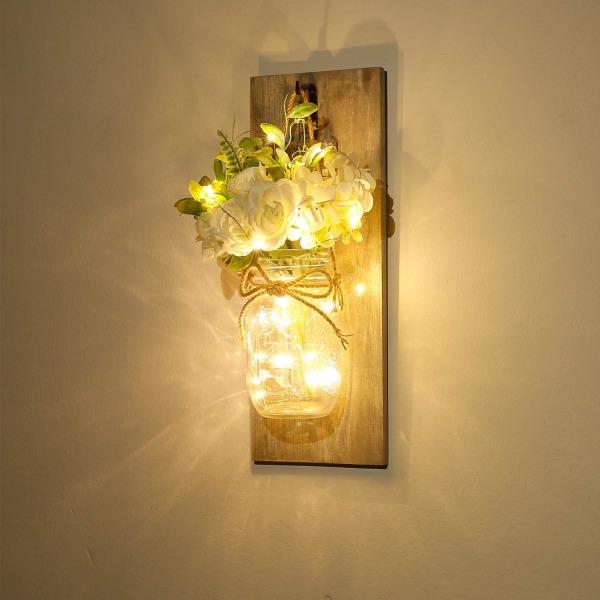 2 stk. veggdekor sconces - Hjemmedekor veggkunst hengende design med fjernkontroll LED-fe lys og hvit rose White Rose+grey Board 13”x5.2”x0.6”