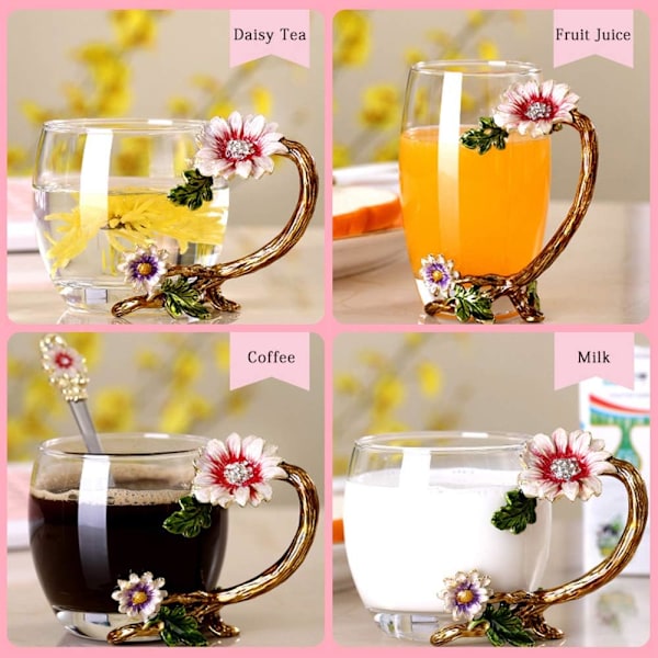 Emaljerad Solros Kristall Blyfri Glas Tekopp med Sked Set, Present till Jul, Alla Hjärtans Dag. Bästa Presenten Style 2