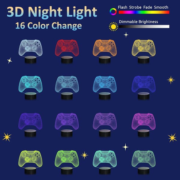 Gamepad 3D Illusion Lampe, Controller Nattlys med Fjernkontroll + Timer 16 Fargeskiftende Skrivebordslampe