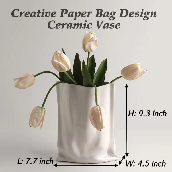 Hvit keramisk moderne vase krøllet fold papirpose håndlaget keramisk vase, kreative blomsteroppsats ornamenter