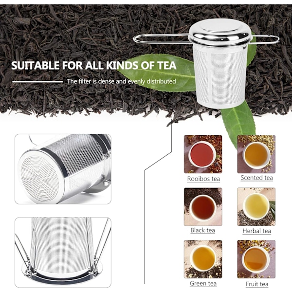Te-si af rustfrit stål med fine masker, med foldbart håndtag og låg, til ophængning og brygning af løs te og kaffe