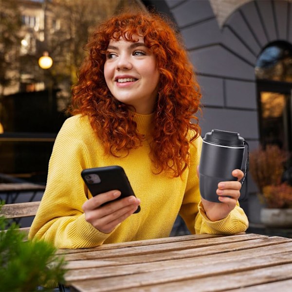 Kaffetermos, Mini Isolerad Kaffemugg, Rostfritt Stål Foder + Dubbel Pip för Drickande, Läcksäker, 320ml Black