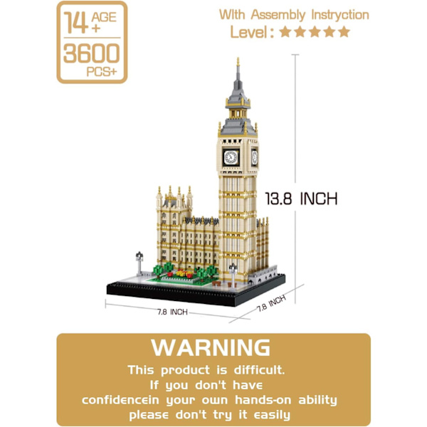 Big Ben Miniatyrblokksett (3600 deler) - Verdensberømt bygning modell leketøygaver for barn og voksne
