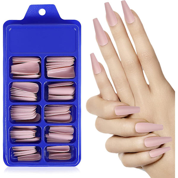 Matte Akryl Falske Negler Tips Kit Set 100 Stykker Falske Fingernegler Forlengelse Lang  Kiste Ballerina Full Dekning DIY Dekorasjoner pink