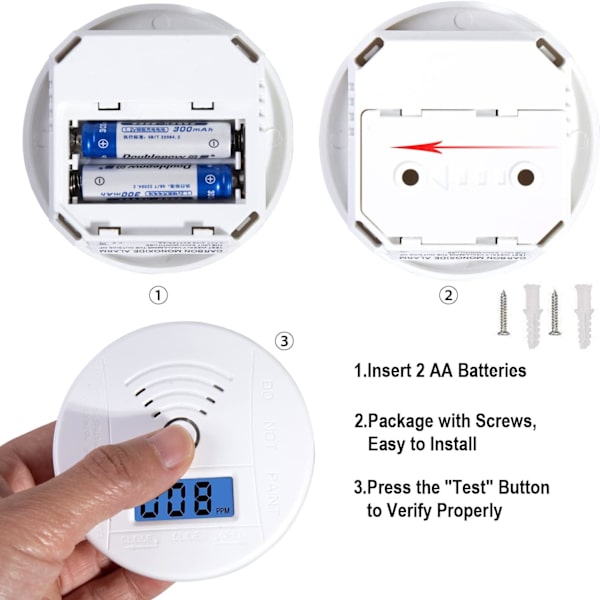 Kolmonoxiddetektor, utbytbar batteridriven kolmonoxidlarmdetektor med digital display och LED-ljus