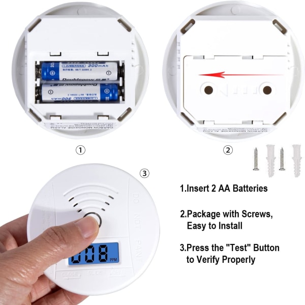 Kulmonoxiddetektor, udskiftelig batteridrevet kulmonoxidalarmdetektor med digitalt display og LED-lys