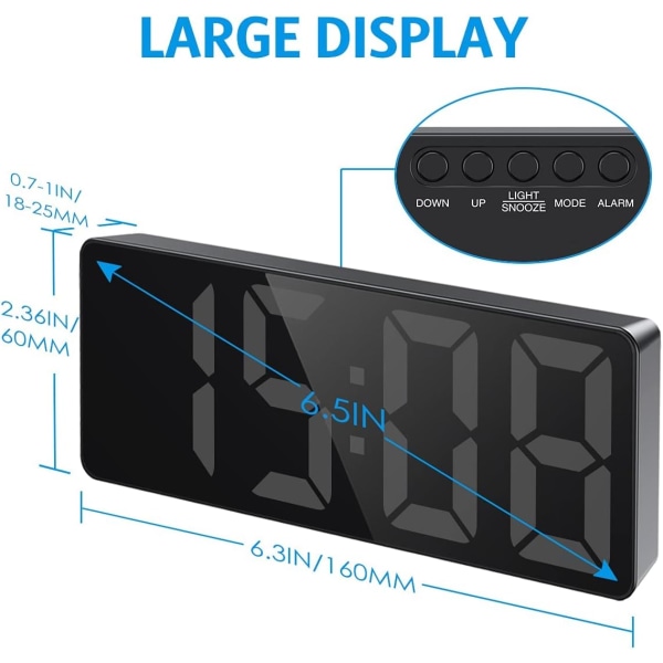 Digital väckarklocka, sängbordsväckarklocka med stor LED-display, icke tickande USB/batteridriven väckarklocka