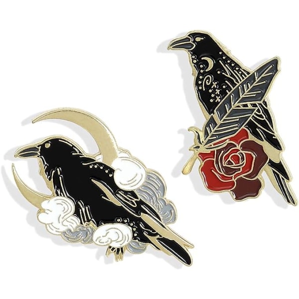 Black Raven Emalj Pin Set Art Rose Moon Lapel Pin, 2st