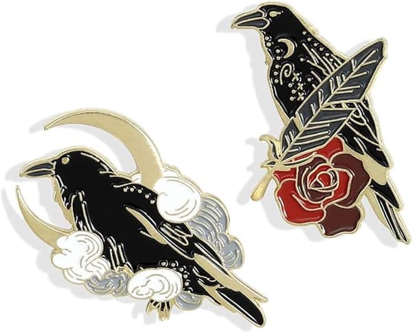 Sort Ravn Emallje Pin Sæt Kunst Rose Måne Slipsnål, 2stk