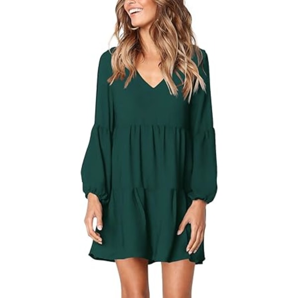 Kvinder sommer tunika kjole V-hals afslappet løs flydende swing Shift kjoler Green XXL