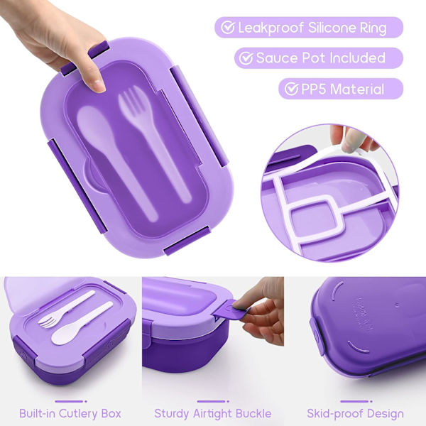 Bento Lunsjboks for Voksne og Barn, 4 Roms Lunsjboks for Menn og Kvinner med Bestikk, Lilla