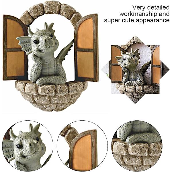 Havefigur af drage i harpiks til haven - miniature hus - udendørs dekoration