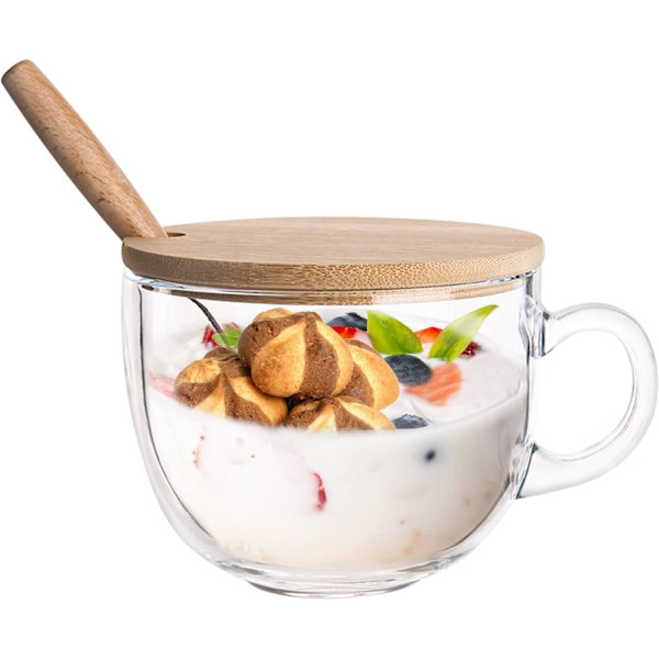 Glaskopp 15OZ Klar Kaffe Mugg med Lock Sked för Frukost Te,Mjölk,Dryck,Havre,Yoghurt