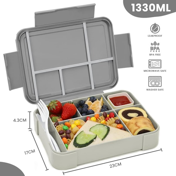 Madkasse 1330ML, Med 6 Rum Bestik, Lækagesikker Madkasse Snack Bokse Til Børn Voksne, Grå