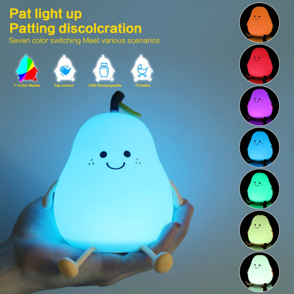 Kreativ pæreformet børne-natlampe med timerfunktion, 7 farvet LED-lys børne-natlampe, genopladelig via USB, natlampe-sengelampe