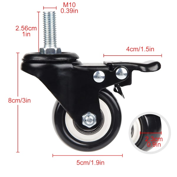 Swivel Casters 50mm Casters för möbeltransport, 40kg lastkapacitet vardera, M10 skruv