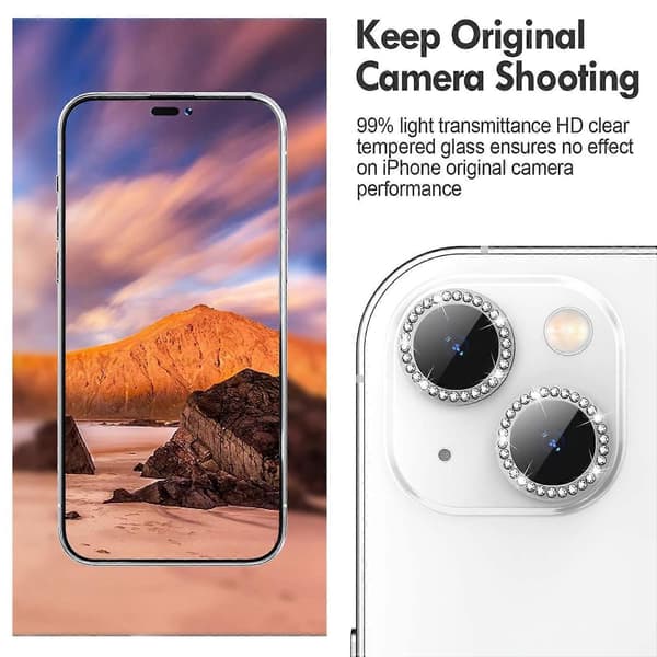 Kameraskydd för iPhone 15/15 Plus, diamantringdesign, härdat glas