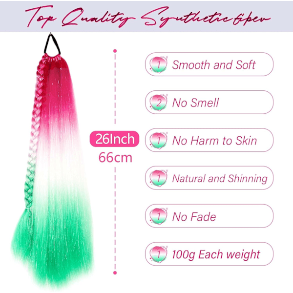 Regnbue Hestehale Extensions med Hårstrikk 1 Pakke 100g Fargede Hår Extensions for Fletting 26 tommer Fargerik Ombre Hestehale