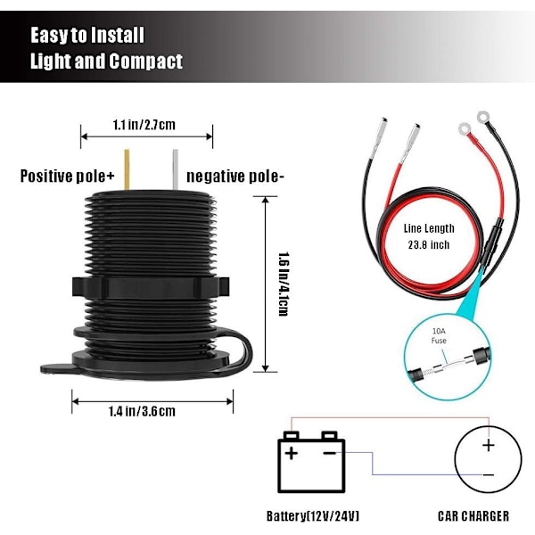 USB-pikalaturi autoon, kaksi QC3.0 USB-porttia, 12V/24V 36W vedenpitävä LED-digitaalisella jännitteenmittarilla moottoripyörään, asuntovaunuun, kuorma-autoon, veneeseen ja muuhun