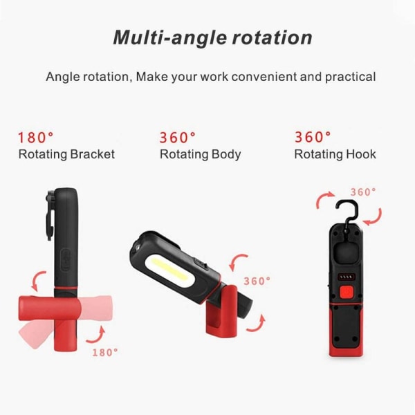 Uppladdningsbar LED-arbetslampa, 2 i 1 360 graders roterande inspektionslampa och 3W COB LED-ficklampa med magnetbas och krok