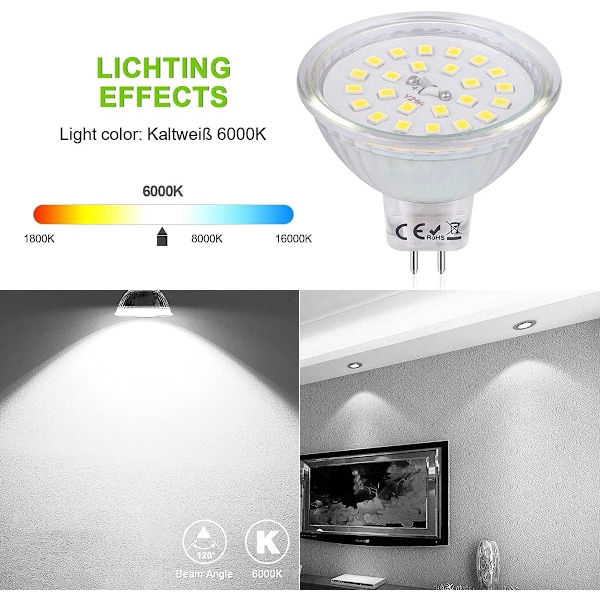 GU5.3 MR16 LED-pære 12 V, 3,8 W svarende til 40 W halogen, LED-spotpære GU5.3 kølig hvid 6000K ikke-dæmpbar 430 lumen MR16 LED-pære, 6-pakning