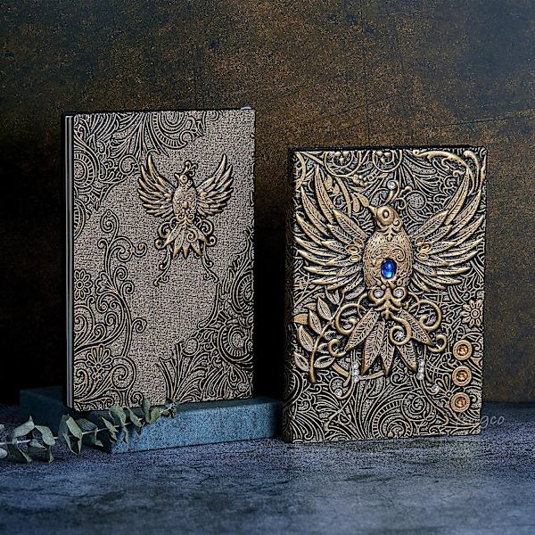 Præget læderjournal Skrive notesbog Rejsedagbog til at skrive i, Phoenix-gave til mænd og kvinder, med gylden klassisk pen, (Bronze) Bronze 8.4x5.7In