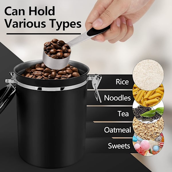 1500ML Kaffebeholder til formalet kaffe, kaffebønnebeholdere, lufttæt kaffebeholder med ske, sort