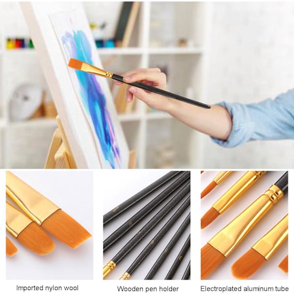 Profesjonelt penselsett, 10 stk. kunstnerpensler for akrylmaling, voksne og barn Black