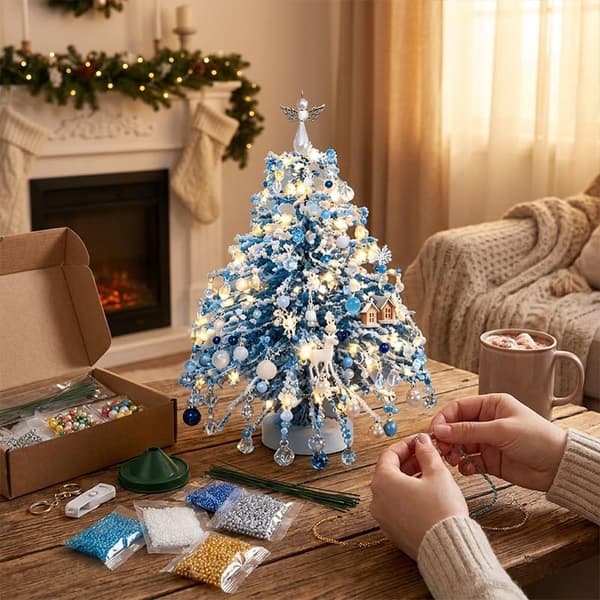 DIY Perle Juletræssæt, 3D Julehåndværk med Lys, Bordplade Perle Juletræ, LED Lys, B B